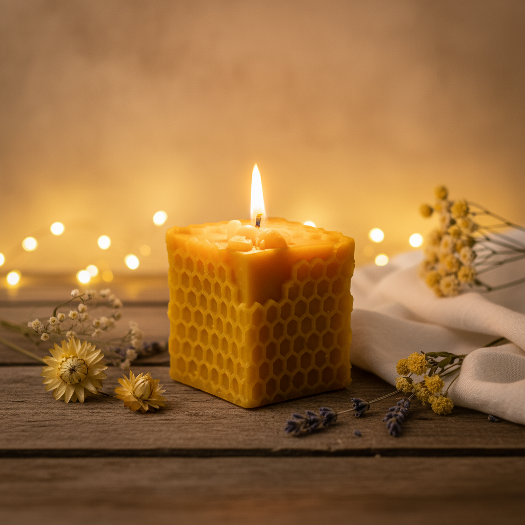 "Illuminate Your Space with Nature’s Warmth: Handcrafted Beeswax Honeycomb & Bee Candle"