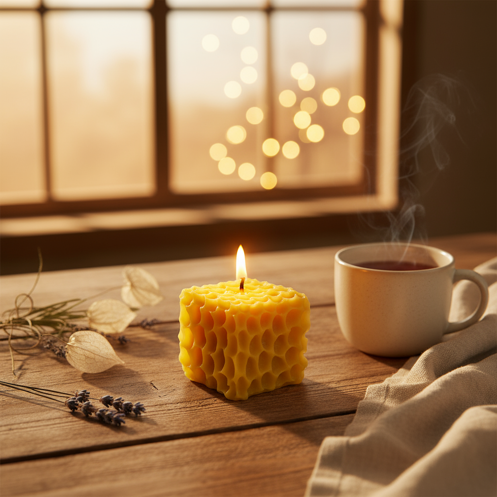 "Illuminate Your Space with the Sweet Glow of Nature: Handcrafted 100% Beeswax Honeycomb Cube Candle"
