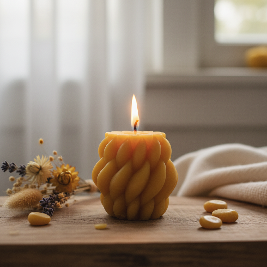 "Twisted Serenity: The Artisanal Beeswax Candle with a Sweet, Golden Glow"