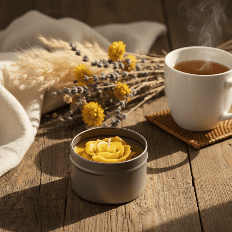Elegant Beeswax Flower Candle in Charming Tin - Bring Nature Indoors! - JP's Wild Honey Ltd