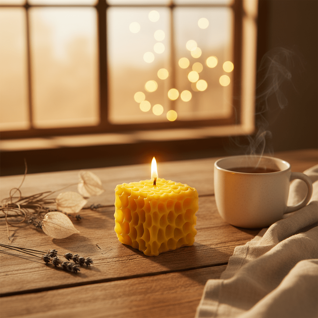 Handcrafted 100% Beeswax Honeycomb Cube Candle - Natural Glow, Sweet Honey Fragrance, Cosy Ambiance - JP's Wild Honey Ltd